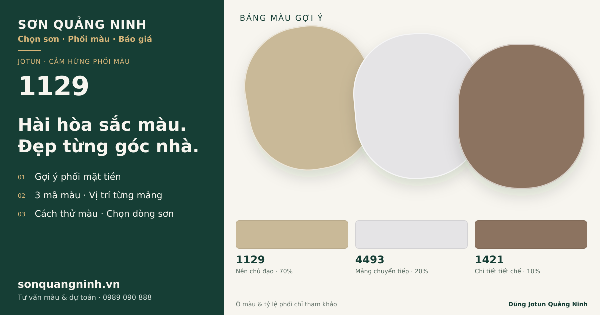 Jotun 1129 · Mặt tiền · Bộ phối 1129 + 4493 + 1421. Bảng màu gợi ý; ảnh chỉ tham khảo.