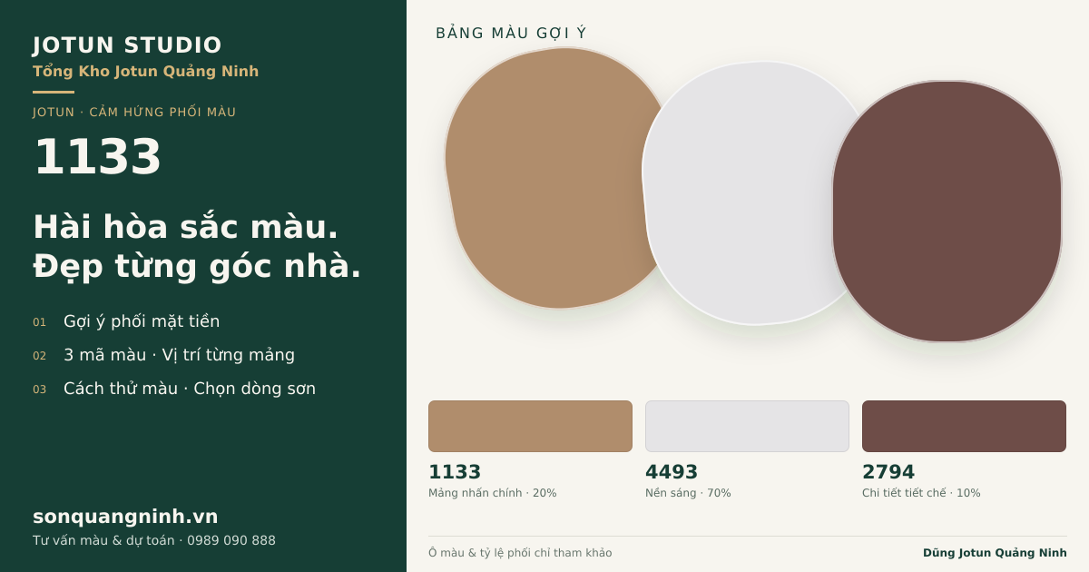 Jotun 1133 · Mặt tiền · Bộ phối 1133 + 4493 + 2794. Bảng màu gợi ý; ảnh chỉ tham khảo.