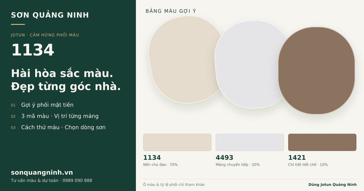 Jotun 1134 · Mặt tiền · Bộ phối 1134 + 4493 + 1421. Bảng màu gợi ý; ảnh chỉ tham khảo.