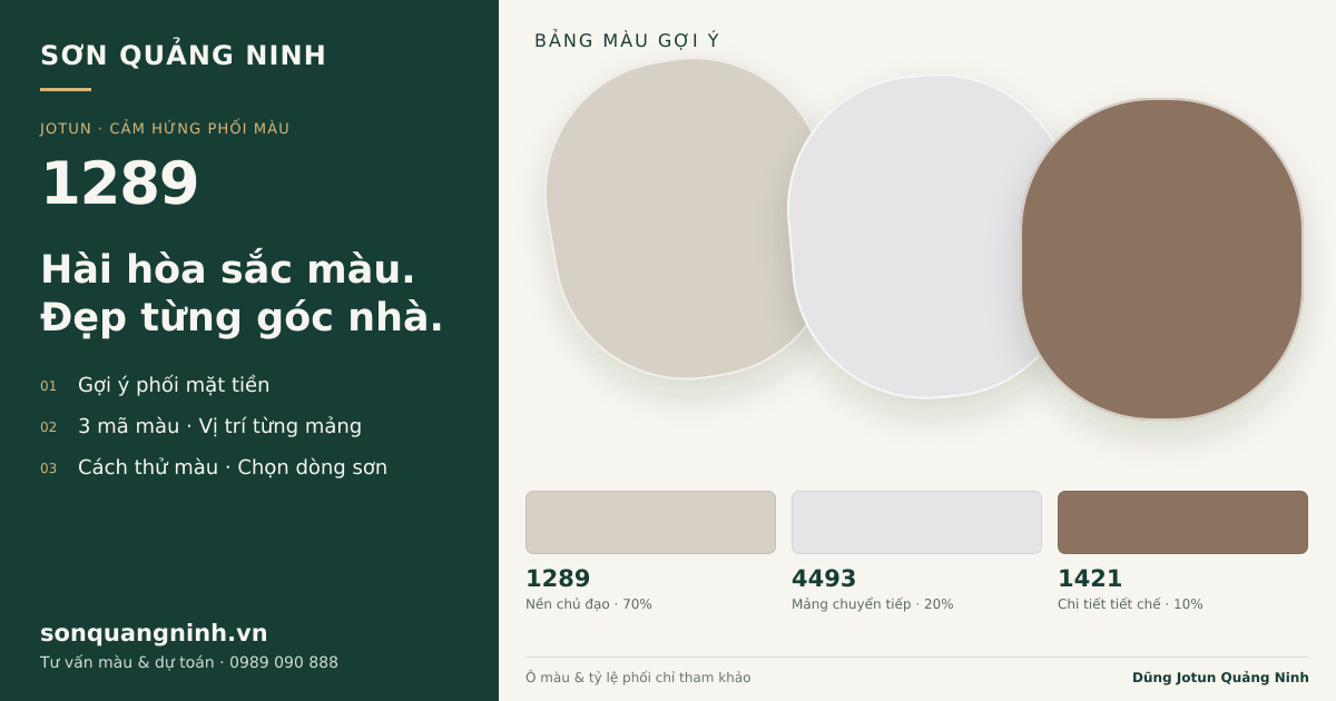 Jotun 1289 · Mặt tiền · Bộ phối 1289 + 4493 + 1421. Bảng màu gợi ý; ảnh chỉ tham khảo.