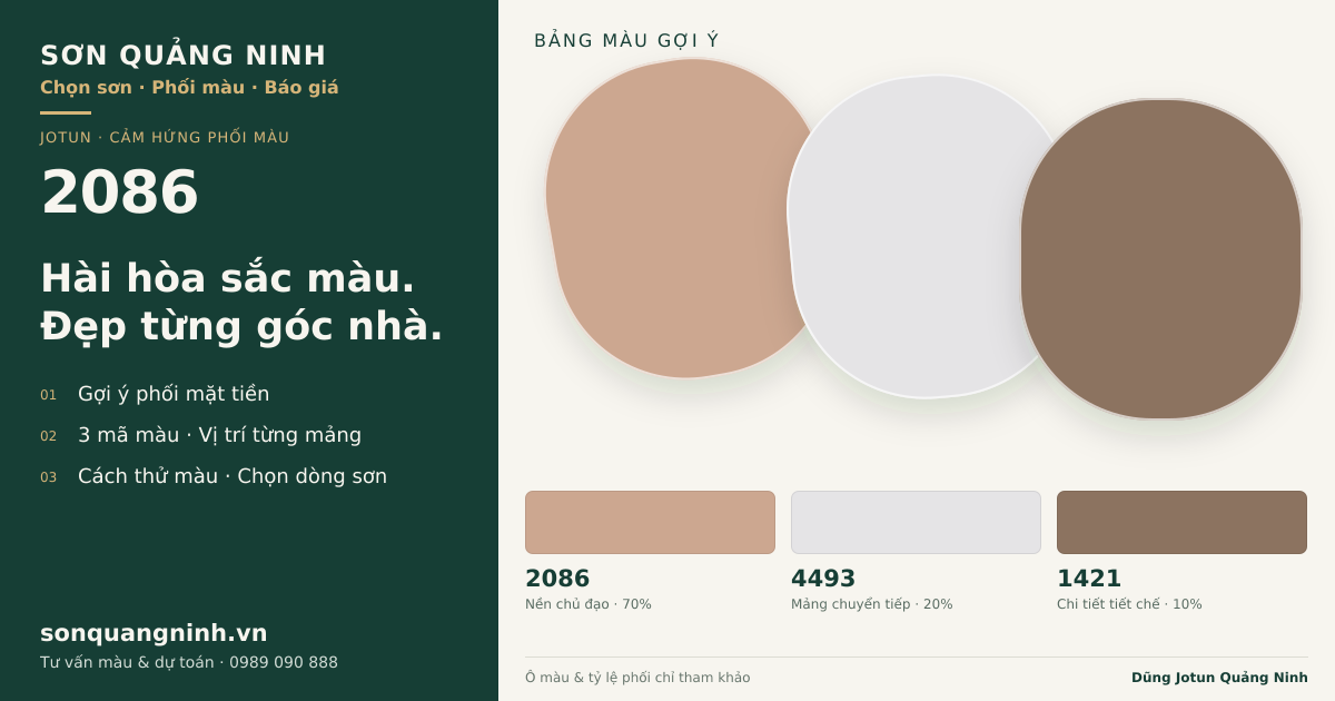 Jotun 2086 · Mặt tiền · Bộ phối 2086 + 4493 + 1421. Bảng màu gợi ý; ảnh chỉ tham khảo.