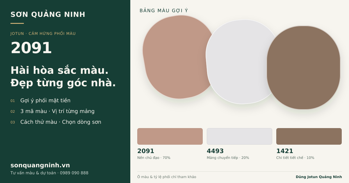 Jotun 2091 · Mặt tiền · Bộ phối 2091 + 4493 + 1421. Bảng màu gợi ý; ảnh chỉ tham khảo.
