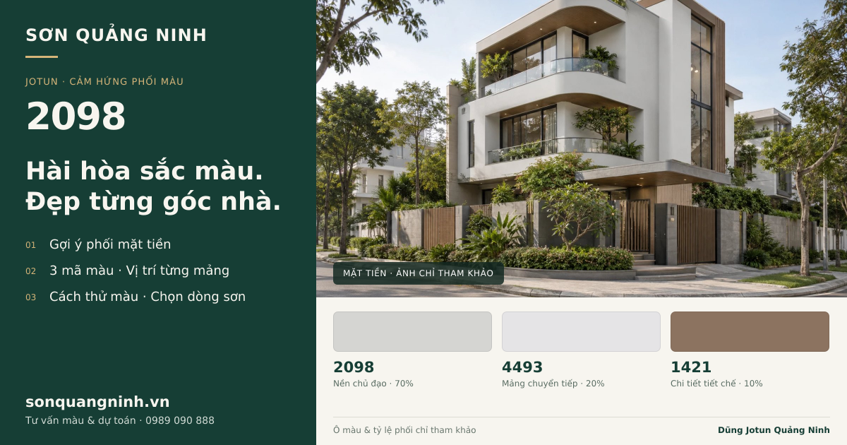 Jotun 2098 · Mặt tiền · Bộ phối 2098 + 4493 + 1421. Phối cảnh minh họa; ảnh chỉ tham khảo.