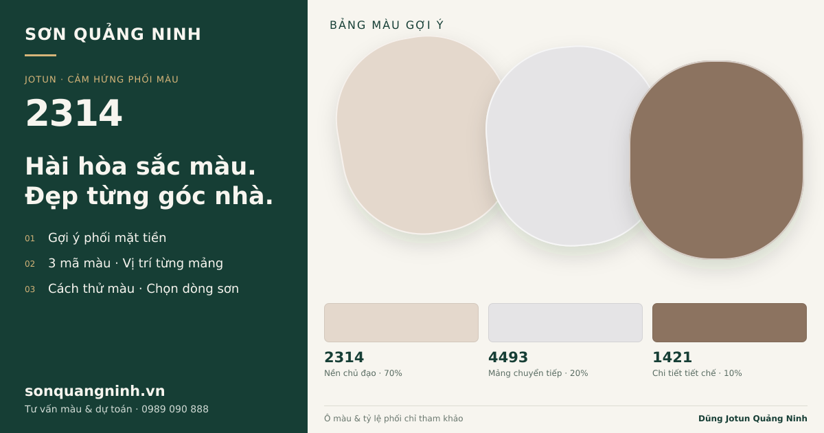 Jotun 2314 · Mặt tiền · Bộ phối 2314 + 4493 + 1421. Bảng màu gợi ý; ảnh chỉ tham khảo.