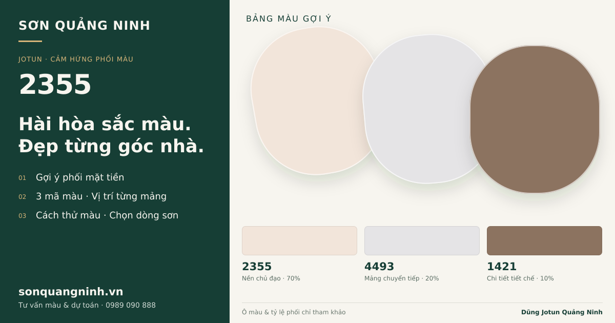 Jotun 2355 · Mặt tiền · Bộ phối 2355 + 4493 + 1421. Bảng màu gợi ý; ảnh chỉ tham khảo.