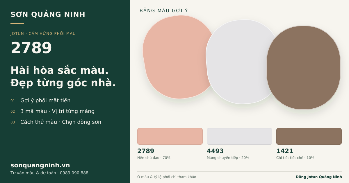 Jotun 2789 · Mặt tiền · Bộ phối 2789 + 4493 + 1421. Bảng màu gợi ý; ảnh chỉ tham khảo.