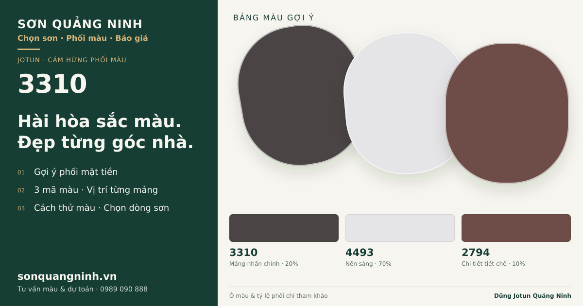 Jotun 3310 · Mặt tiền · Bộ phối 3310 + 4493 + 2794. Bảng màu gợi ý; ảnh chỉ tham khảo.