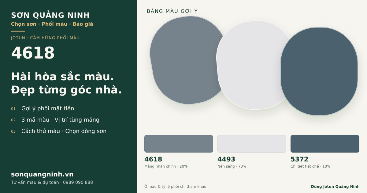 Jotun 4618 · Mặt tiền · Bộ phối 4618 + 4493 + 5372. Bảng màu gợi ý; ảnh chỉ tham khảo.
