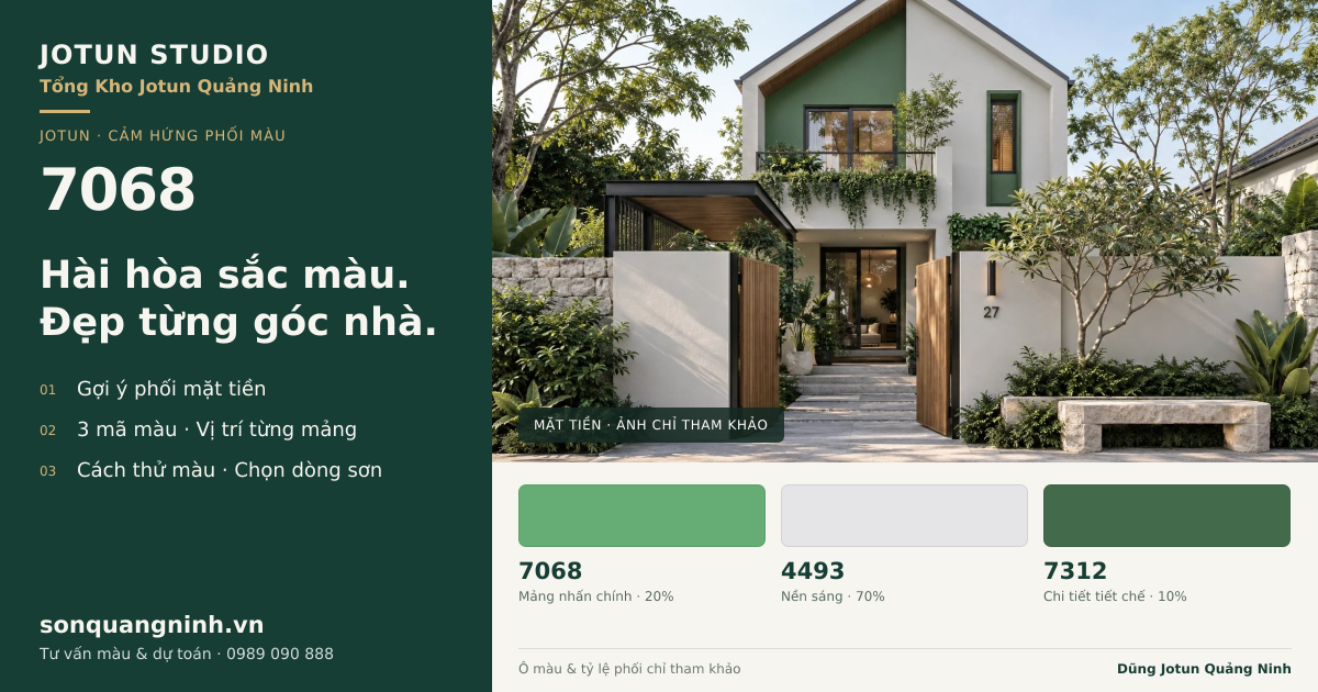 Jotun 7068 · Mặt tiền · Bộ phối 7068 + 4493 + 7312. Phối cảnh minh họa; ảnh chỉ tham khảo.