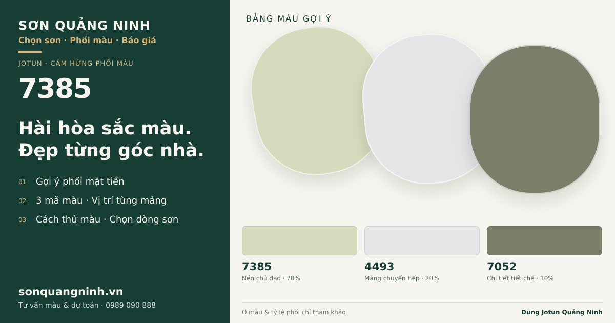 Jotun 7385 · Mặt tiền · Bộ phối 7385 + 4493 + 7052. Bảng màu gợi ý; ảnh chỉ tham khảo.