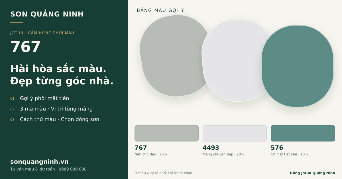 Jotun 767 · Mặt tiền · Bộ phối 767 + 4493 + 576. Phối cảnh minh họa; ảnh chỉ tham khảo.