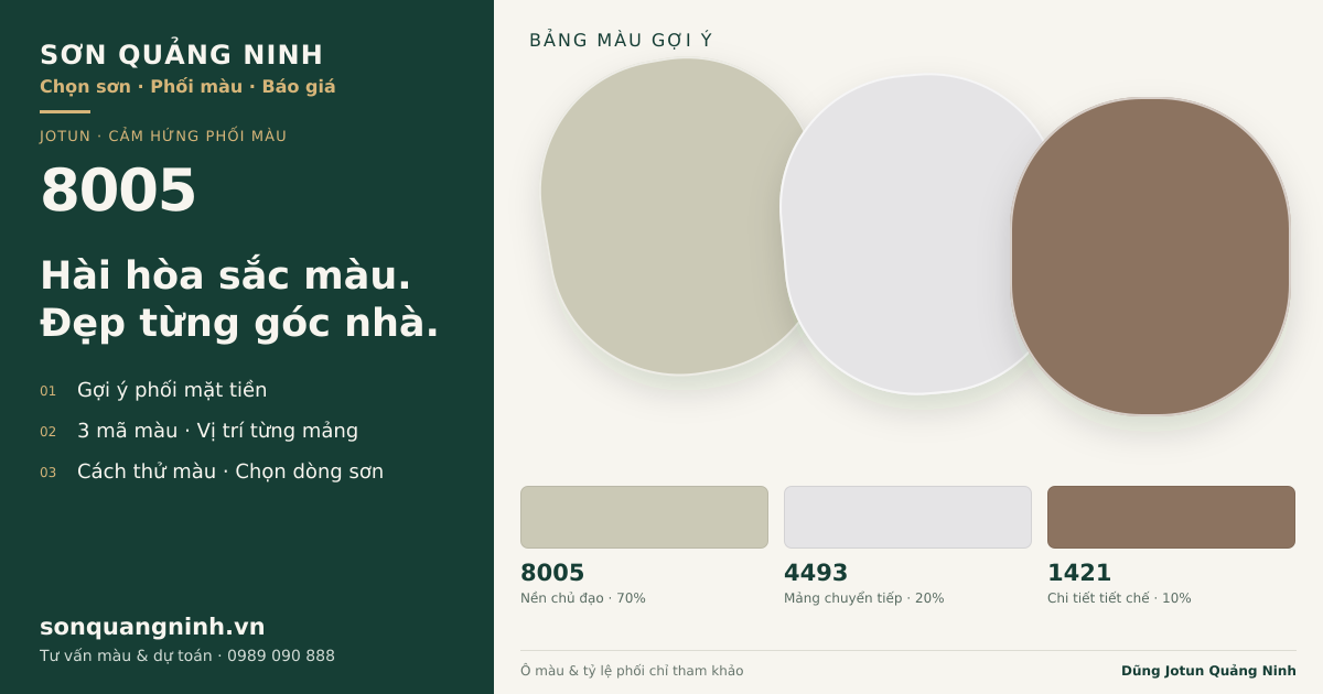 Jotun 8005 · Mặt tiền · Bộ phối 8005 + 4493 + 1421. Bảng màu gợi ý; ảnh chỉ tham khảo.