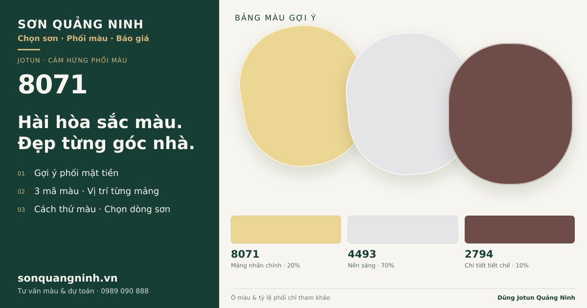 Jotun 8071 · Mặt tiền · Bộ phối 8071 + 4493 + 2794. Bảng màu gợi ý; ảnh chỉ tham khảo.