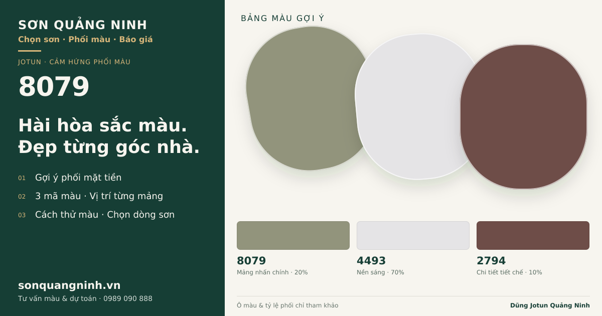 Jotun 8079 · Mặt tiền · Bộ phối 8079 + 4493 + 2794. Bảng màu gợi ý; ảnh chỉ tham khảo.