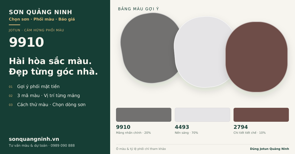 Jotun 9910 · Mặt tiền · Bộ phối 9910 + 4493 + 2794. Bảng màu gợi ý; ảnh chỉ tham khảo.