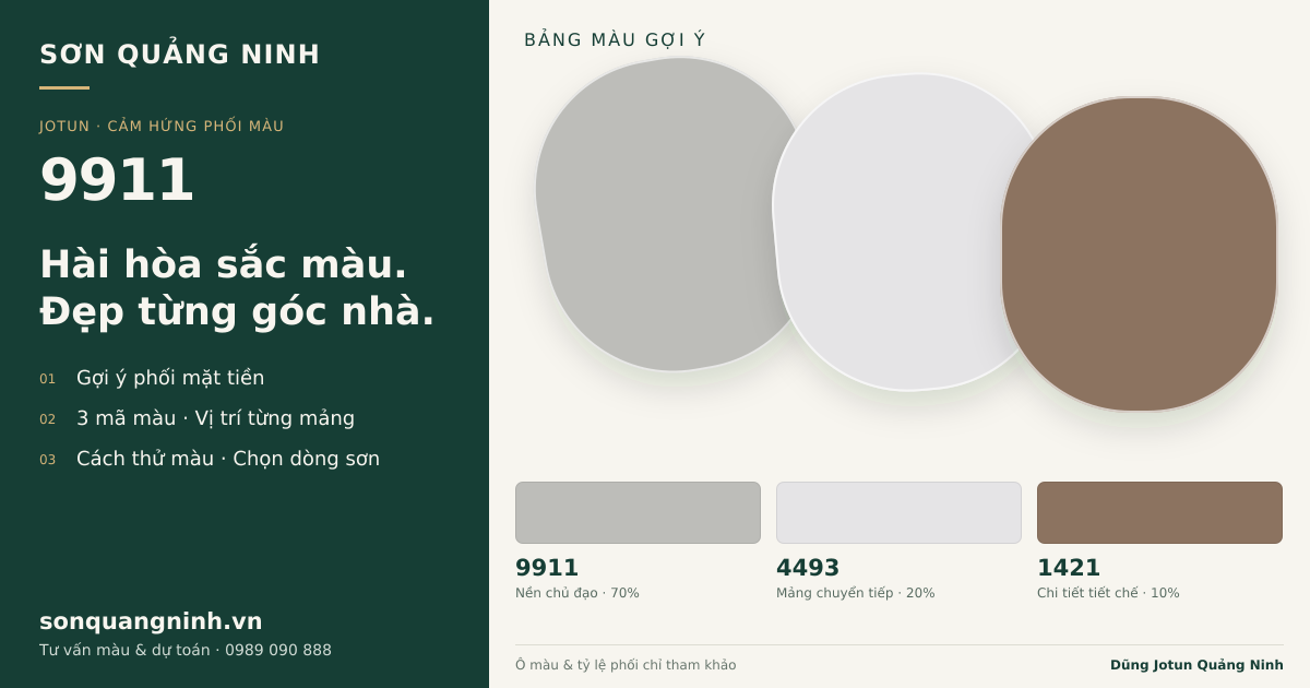 Jotun 9911 · Mặt tiền · Bộ phối 9911 + 4493 + 1421. Bảng màu gợi ý; ảnh chỉ tham khảo.