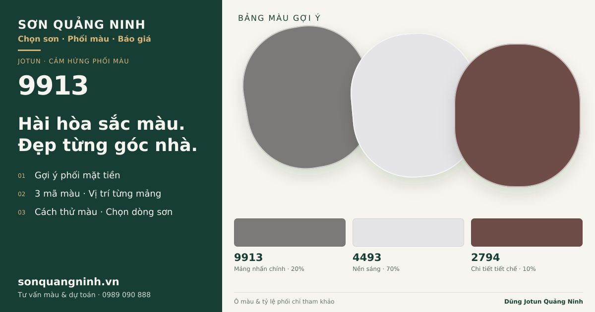 Jotun 9913 · Mặt tiền · Bộ phối 9913 + 4493 + 2794. Phối cảnh minh họa; ảnh chỉ tham khảo.