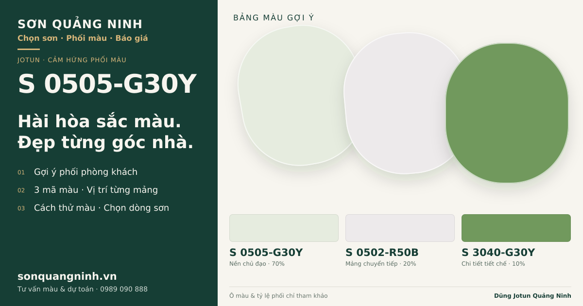 Jotun S 0505-G30Y · Phòng khách · Bộ phối S 0505-G30Y + S 0502-R50B + S 3040-G30Y. Phối cảnh minh họa; ảnh chỉ tham khảo.