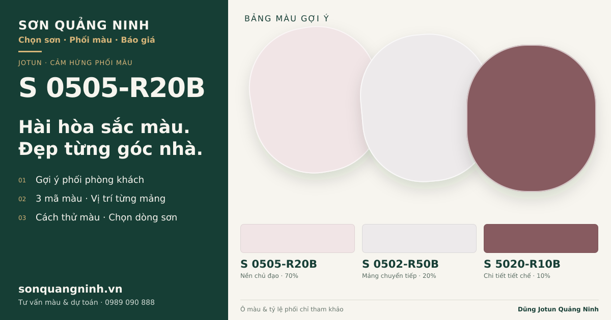 Jotun S 0505-R20B · Phòng khách · Bộ phối S 0505-R20B + S 0502-R50B + S 5020-R10B. Bảng màu gợi ý; ảnh chỉ tham khảo.