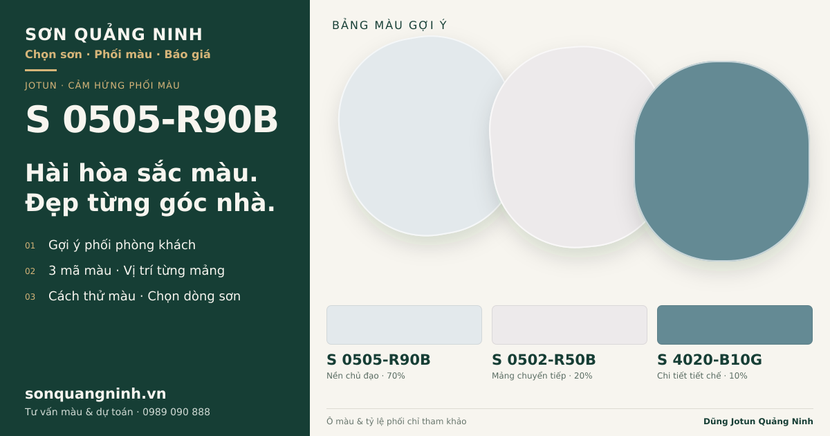 Jotun S 0505-R90B · Phòng khách · Bộ phối S 0505-R90B + S 0502-R50B + S 4020-B10G. Phối cảnh minh họa; ảnh chỉ tham khảo.