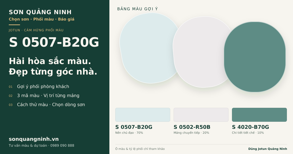 Jotun S 0507-B20G · Phòng khách · Bộ phối S 0507-B20G + S 0502-R50B + S 4020-B70G. Phối cảnh minh họa; ảnh chỉ tham khảo.
