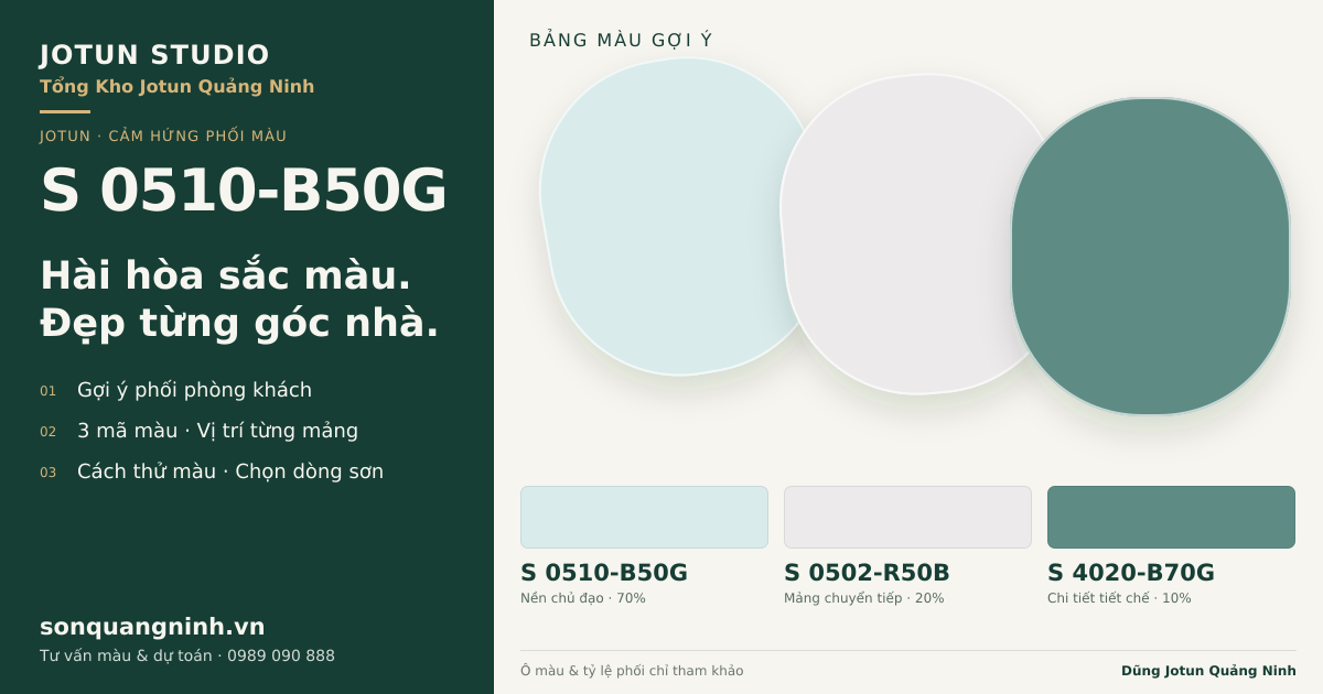 Jotun S 0510-B50G · Phòng khách · Bộ phối S 0510-B50G + S 0502-R50B + S 4020-B70G. Bảng màu gợi ý; ảnh chỉ tham khảo.