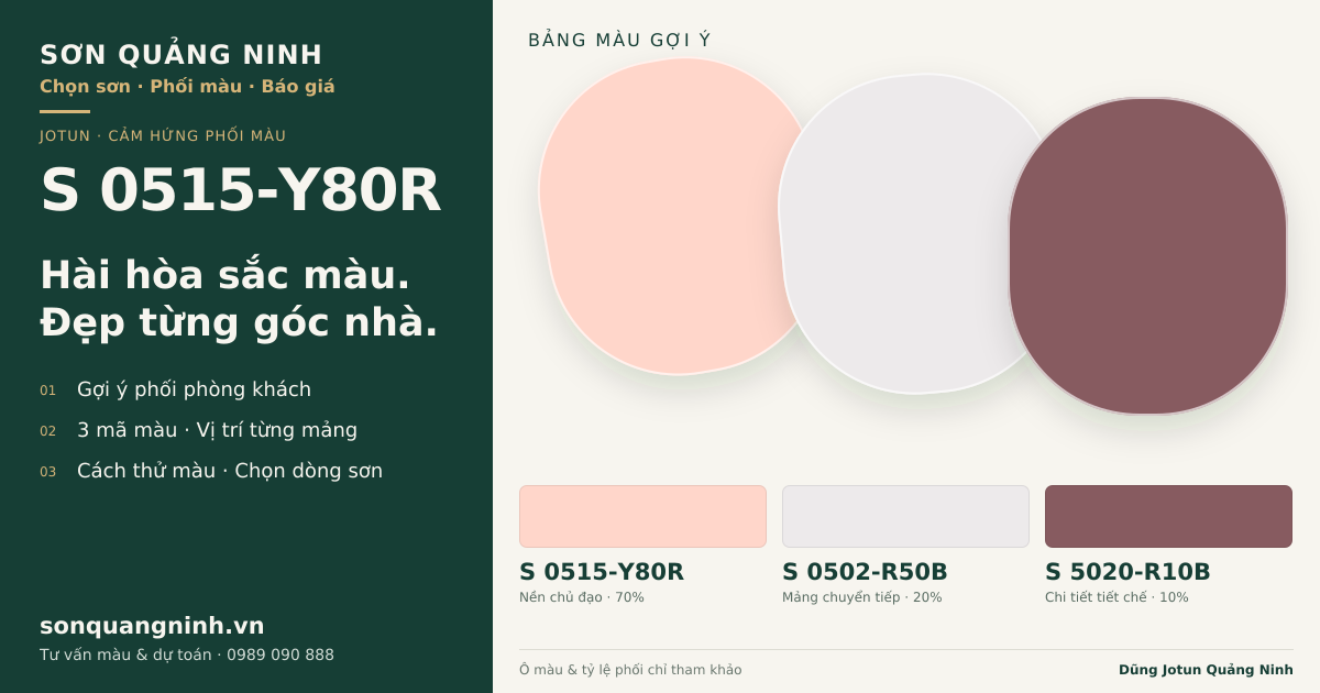 Jotun S 0515-Y80R · Phòng khách · Bộ phối S 0515-Y80R + S 0502-R50B + S 5020-R10B. Bảng màu gợi ý; ảnh chỉ tham khảo.