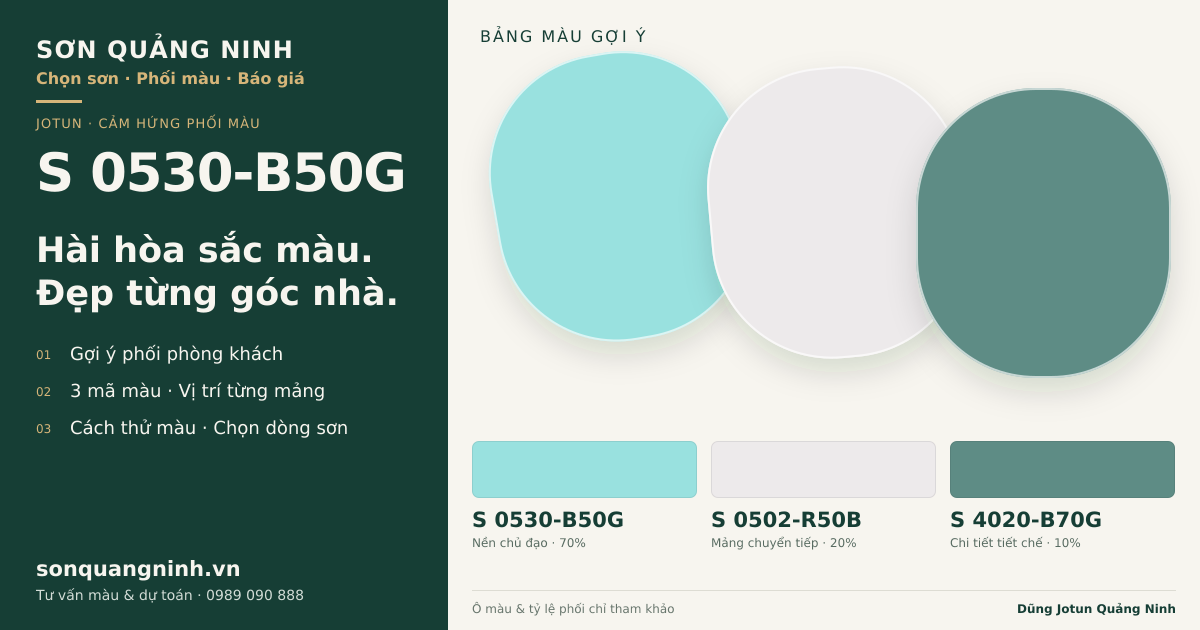 Jotun S 0530-B50G · Phòng khách · Bộ phối S 0530-B50G + S 0502-R50B + S 4020-B70G. Bảng màu gợi ý; ảnh chỉ tham khảo.
