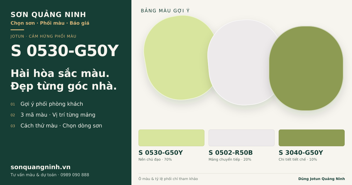 Jotun S 0530-G50Y · Phòng khách · Bộ phối S 0530-G50Y + S 0502-R50B + S 3040-G50Y. Bảng màu gợi ý; ảnh chỉ tham khảo.