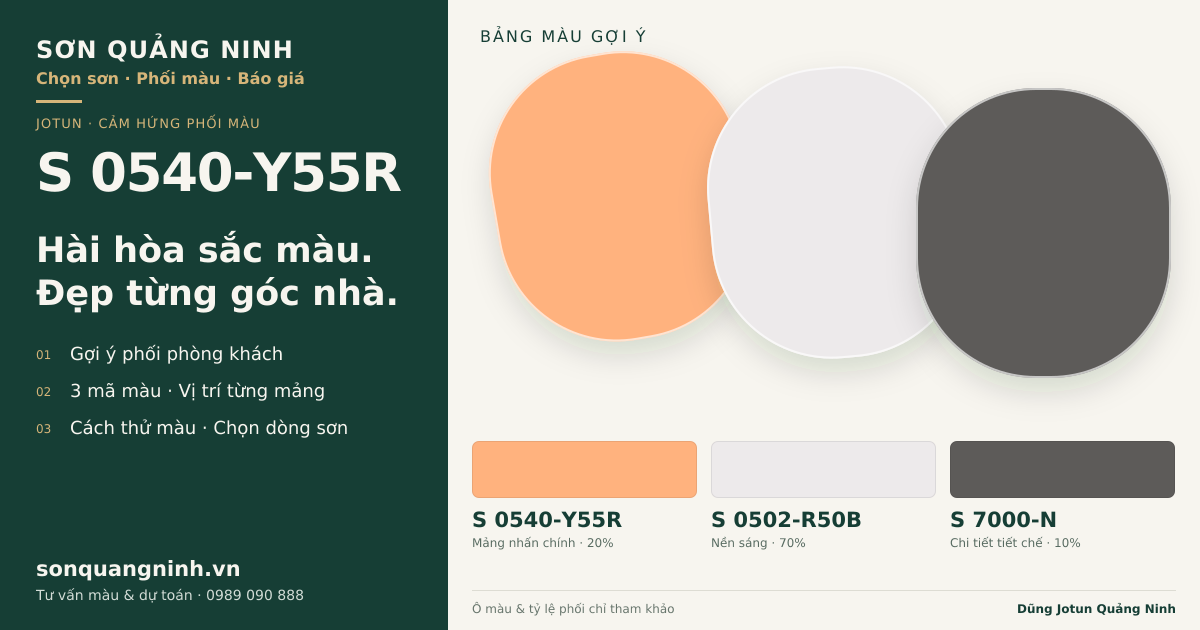 Jotun S 0540-Y55R · Phòng khách · Bộ phối S 0540-Y55R + S 0502-R50B + S 7000-N. Bảng màu gợi ý; ảnh chỉ tham khảo.