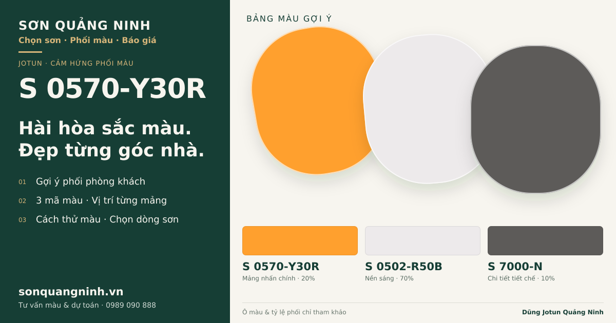 Jotun S 0570-Y30R · Phòng khách · Bộ phối S 0570-Y30R + S 0502-R50B + S 7000-N. Bảng màu gợi ý; ảnh chỉ tham khảo.