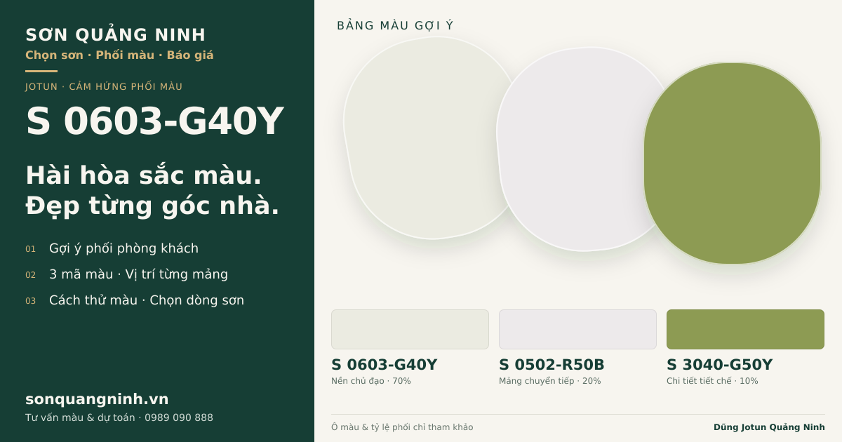 Jotun S 0603-G40Y · Phòng khách · Bộ phối S 0603-G40Y + S 0502-R50B + S 3040-G50Y. Bảng màu gợi ý; ảnh chỉ tham khảo.