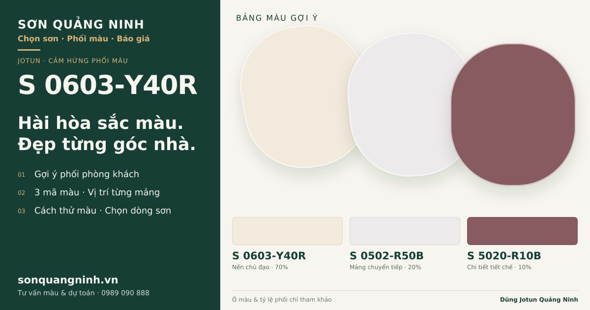Jotun S 0603-Y40R · Phòng khách · Bộ phối S 0603-Y40R + S 0502-R50B + S 5020-R10B. Bảng màu gợi ý; ảnh chỉ tham khảo.