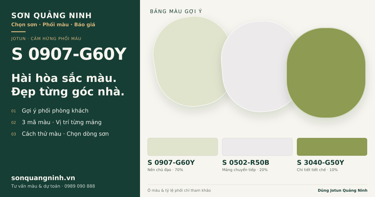 Jotun S 0907-G60Y · Phòng khách · Bộ phối S 0907-G60Y + S 0502-R50B + S 3040-G50Y. Bảng màu gợi ý; ảnh chỉ tham khảo.