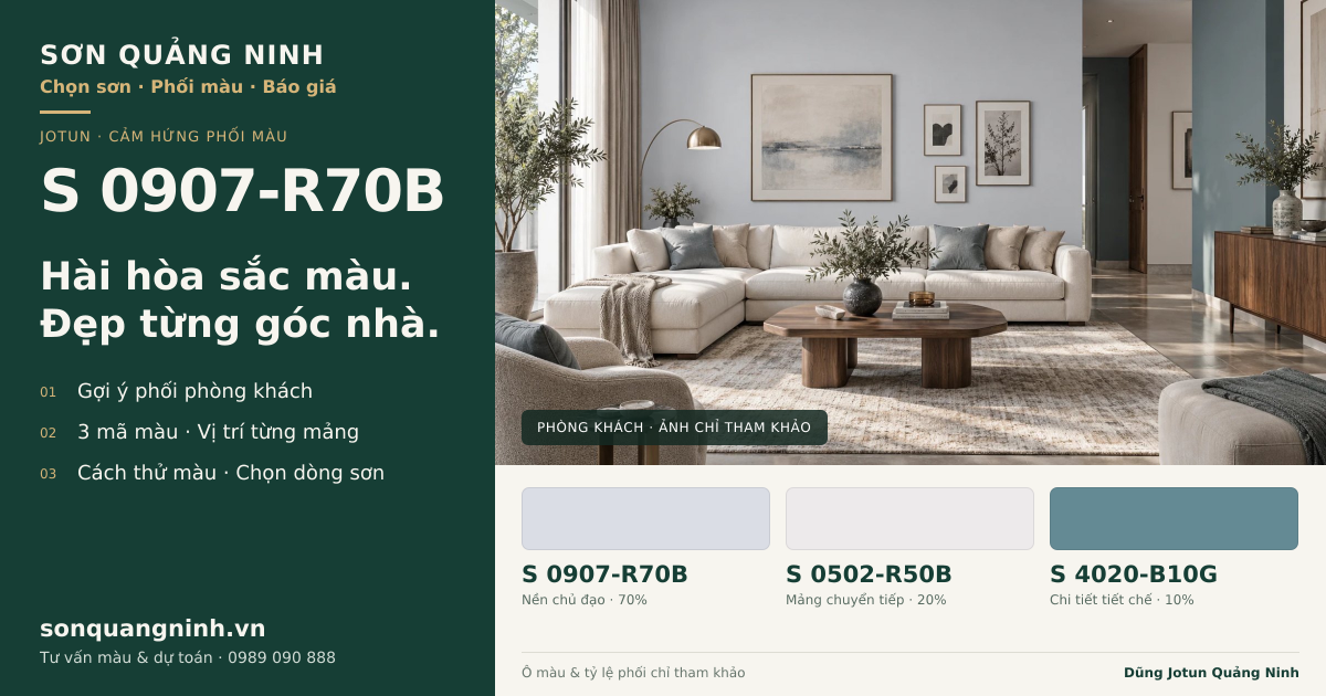 Jotun S 0907-R70B · Phòng khách · Bộ phối S 0907-R70B + S 0502-R50B + S 4020-B10G. Phối cảnh minh họa; ảnh chỉ tham khảo.