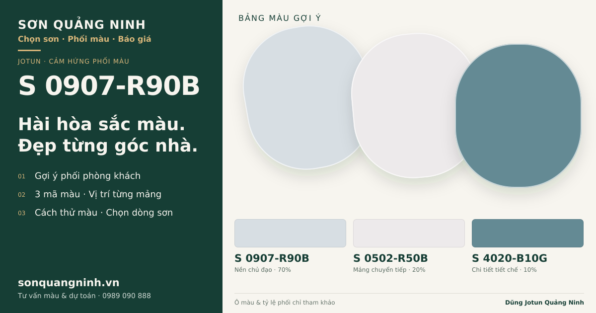 Jotun S 0907-R90B · Phòng khách · Bộ phối S 0907-R90B + S 0502-R50B + S 4020-B10G. Bảng màu gợi ý; ảnh chỉ tham khảo.