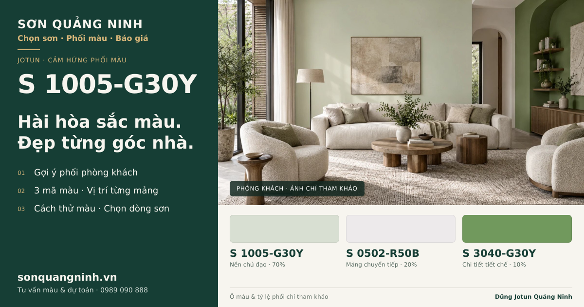 Jotun S 1005-G30Y · Phòng khách · Bộ phối S 1005-G30Y + S 0502-R50B + S 3040-G30Y. Phối cảnh minh họa; ảnh chỉ tham khảo.