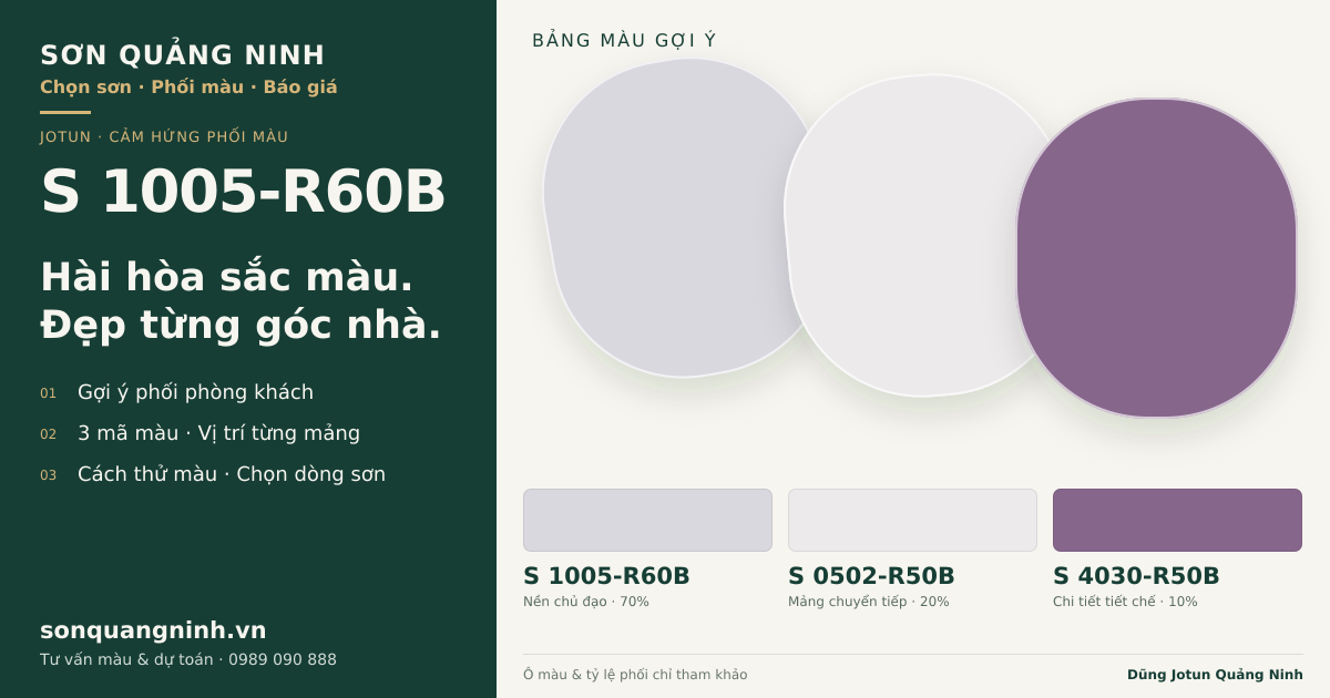 Jotun S 1005-R60B · Phòng khách · Bộ phối S 1005-R60B + S 0502-R50B + S 4030-R50B. Bảng màu gợi ý; ảnh chỉ tham khảo.
