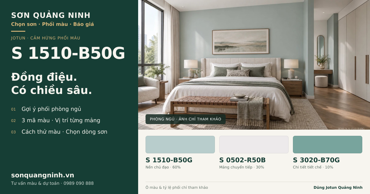 Jotun S 1510-B50G · Phòng ngủ · Bộ phối S 1510-B50G + S 0502-R50B + S 3020-B70G. Phối cảnh minh họa; ảnh chỉ tham khảo.
