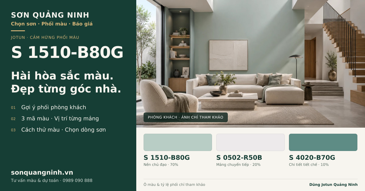 Jotun S 1510-B80G · Phòng khách · Bộ phối S 1510-B80G + S 0502-R50B + S 4020-B70G. Phối cảnh minh họa; ảnh chỉ tham khảo.