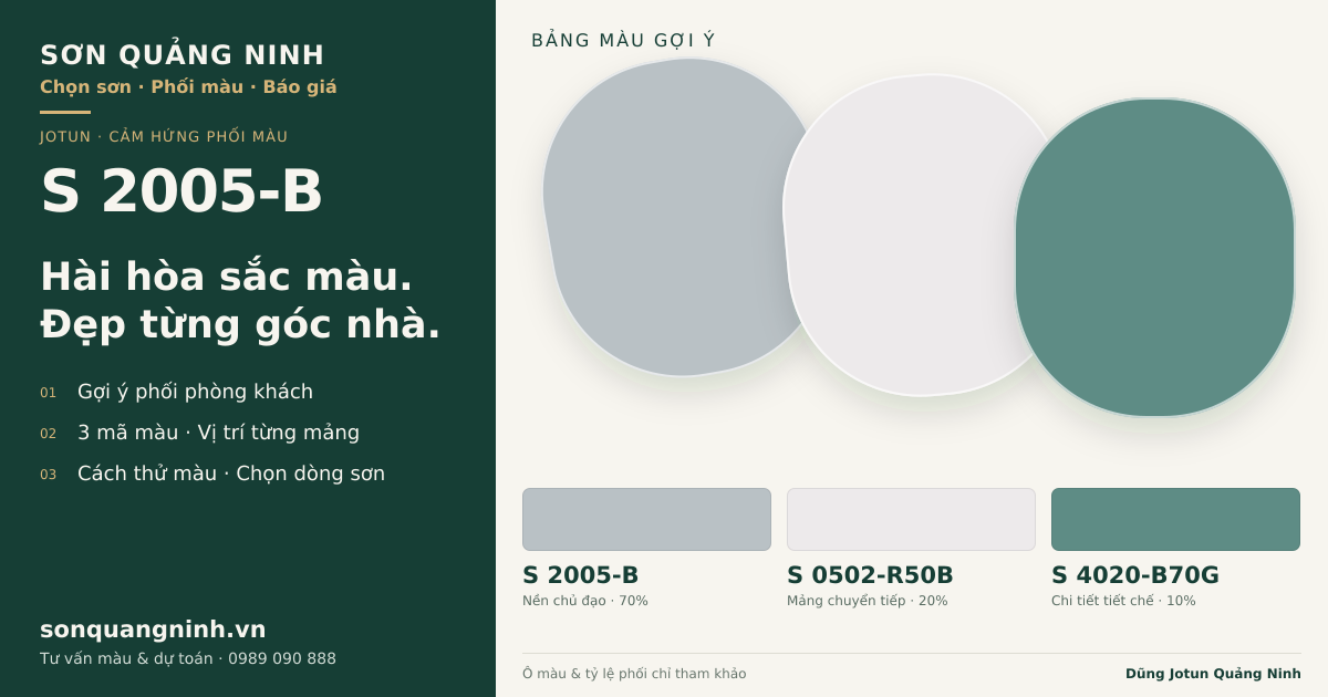 Jotun S 2005-B · Phòng khách · Bộ phối S 2005-B + S 0502-R50B + S 4020-B70G. Phối cảnh minh họa; ảnh chỉ tham khảo.