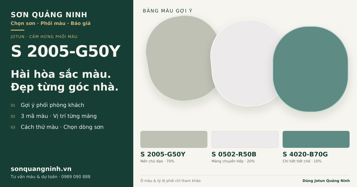 Jotun S 2005-G50Y · Phòng khách · Bộ phối S 2005-G50Y + S 0502-R50B + S 4020-B70G. Bảng màu gợi ý; ảnh chỉ tham khảo.