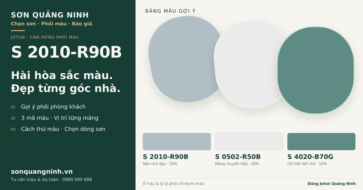 Jotun S 2010-R90B · Phòng khách · Bộ phối S 2010-R90B + S 0502-R50B + S 4020-B70G. Bảng màu gợi ý; ảnh chỉ tham khảo.
