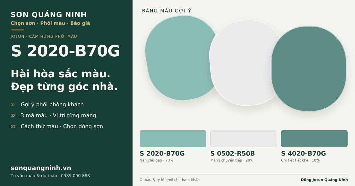 Jotun S 2020-B70G · Phòng khách · Bộ phối S 2020-B70G + S 0502-R50B + S 4020-B70G. Phối cảnh minh họa; ảnh chỉ tham khảo.