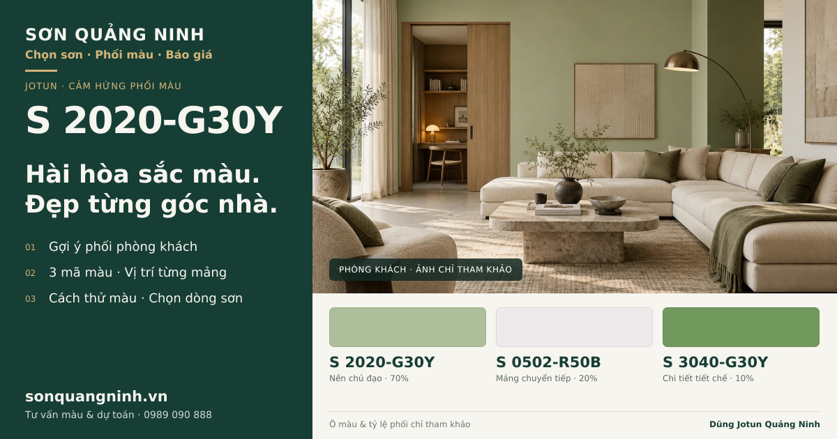 Jotun S 2020-G30Y · Phòng khách · Bộ phối S 2020-G30Y + S 0502-R50B + S 3040-G30Y. Phối cảnh minh họa; ảnh chỉ tham khảo.