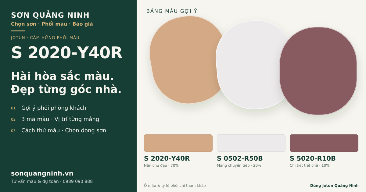 Jotun S 2020-Y40R · Phòng khách · Bộ phối S 2020-Y40R + S 0502-R50B + S 5020-R10B. Bảng màu gợi ý; ảnh chỉ tham khảo.