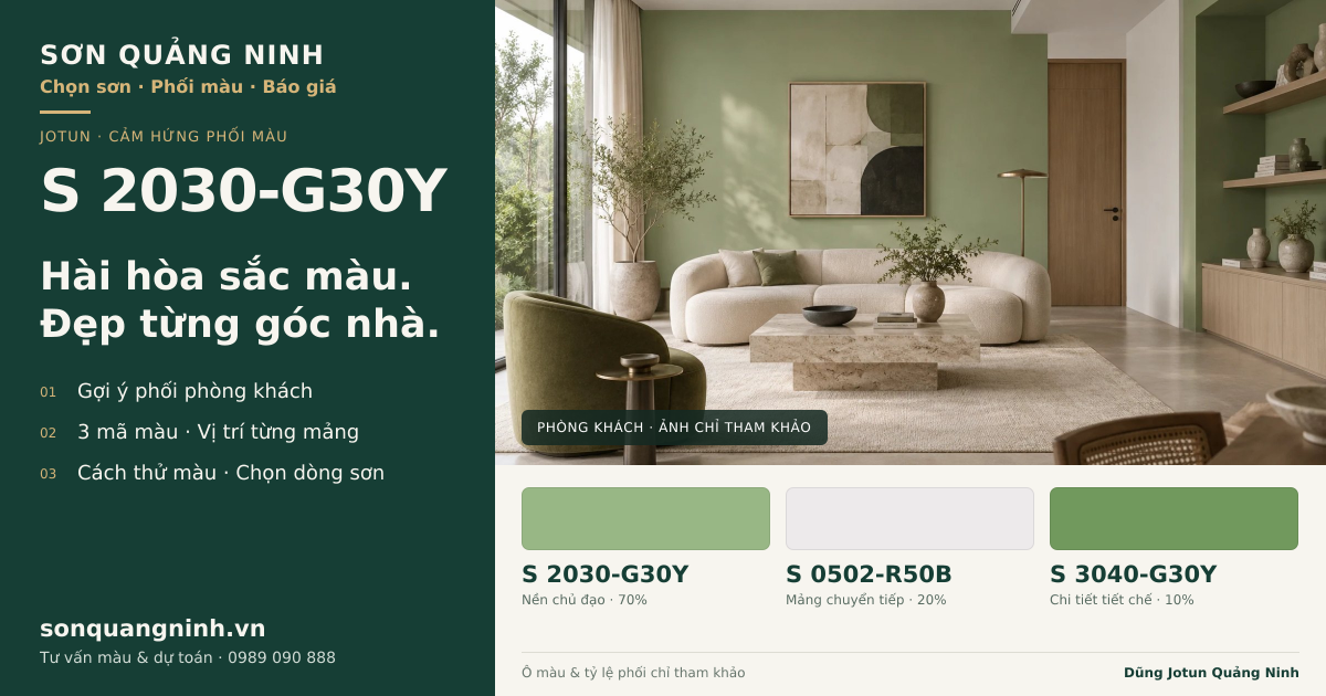 Jotun S 2030-G30Y · Phòng khách · Bộ phối S 2030-G30Y + S 0502-R50B + S 3040-G30Y. Phối cảnh minh họa; ảnh chỉ tham khảo.