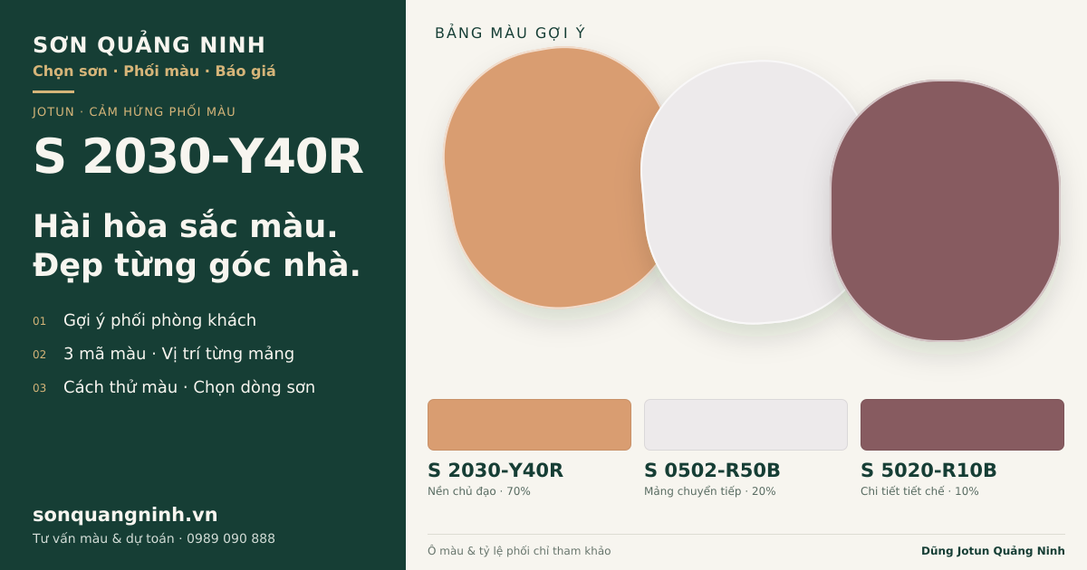 Jotun S 2030-Y40R · Phòng khách · Bộ phối S 2030-Y40R + S 0502-R50B + S 5020-R10B. Bảng màu gợi ý; ảnh chỉ tham khảo.