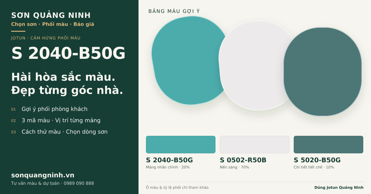 Jotun S 2040-B50G · Phòng khách · Bộ phối S 2040-B50G + S 0502-R50B + S 5020-B50G. Bảng màu gợi ý; ảnh chỉ tham khảo.