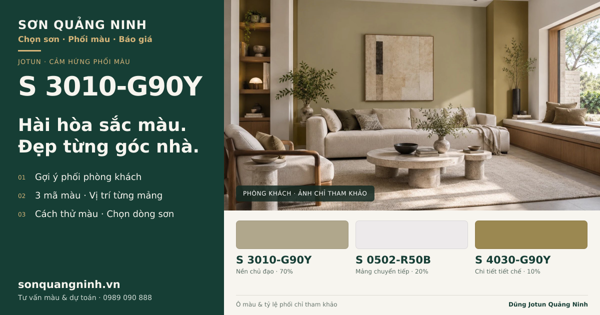 Jotun S 3010-G90Y · Phòng khách · Bộ phối S 3010-G90Y + S 0502-R50B + S 4030-G90Y. Phối cảnh minh họa; ảnh chỉ tham khảo.